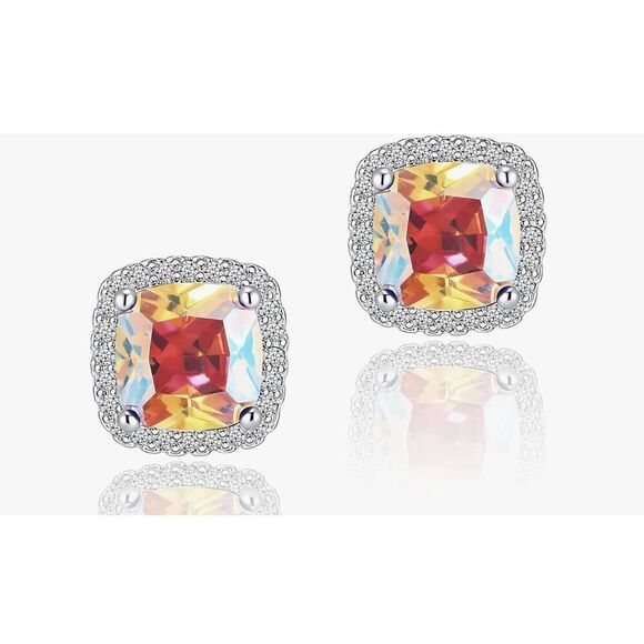 NEW~Round & Square Halo Design Aurora Borealis Crystal Stud Earrings - Picture 2 of 2